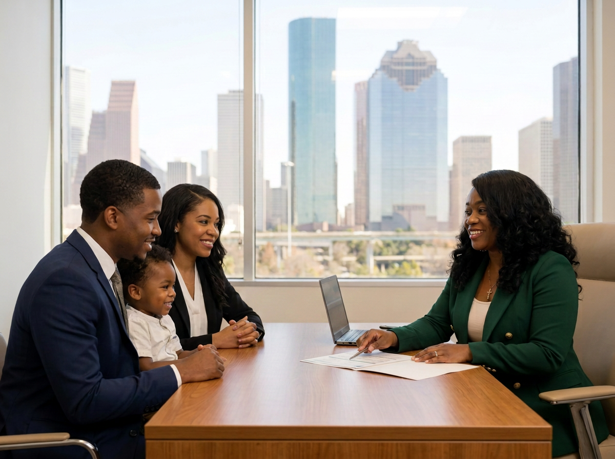 Cynthia Kekeocha, CPA, meeting with a family in her Houston office